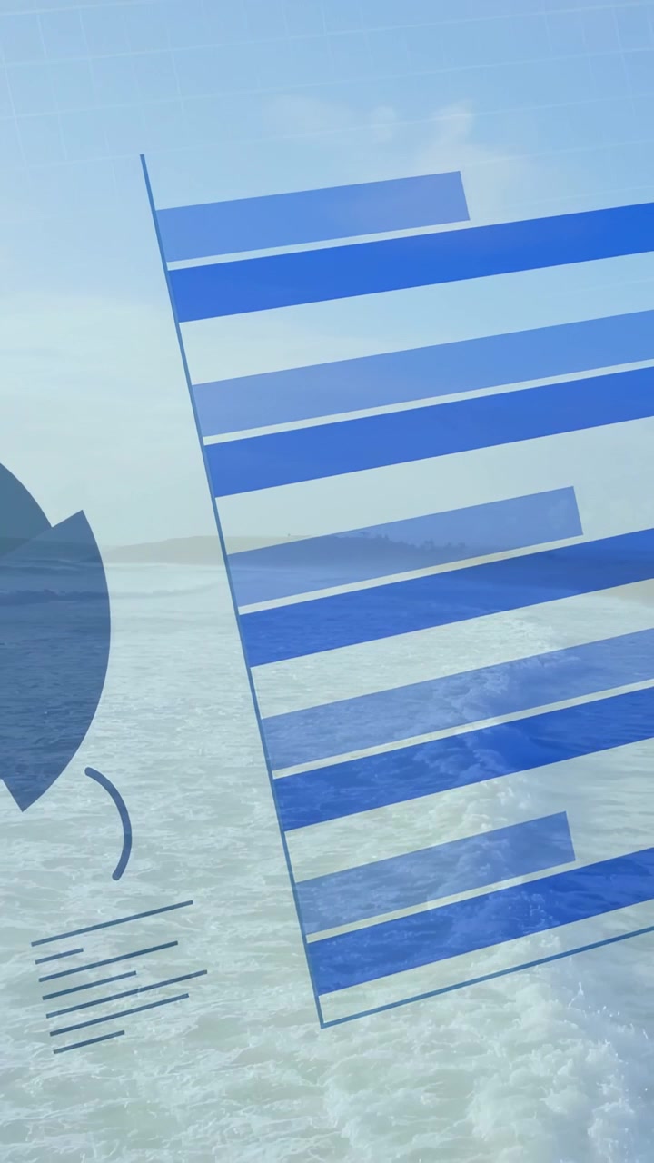 Vertical video: Blue bar panel sliding and stacking as radial chart appears, showing data over sea