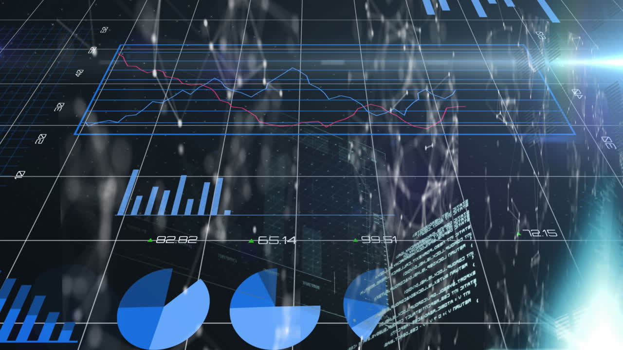 animación de la interfaz infográfica y el destello de la lente sobre puntos conectados contra el patrón de cuadrícula.