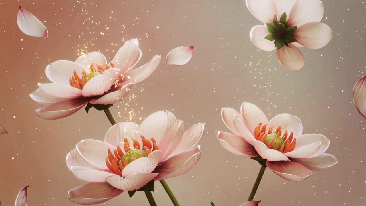 升起的金色火花輕觸盛開的蓮花，花瓣在溫暖的漸變色中飄落，蓮花中心帶有橙色。