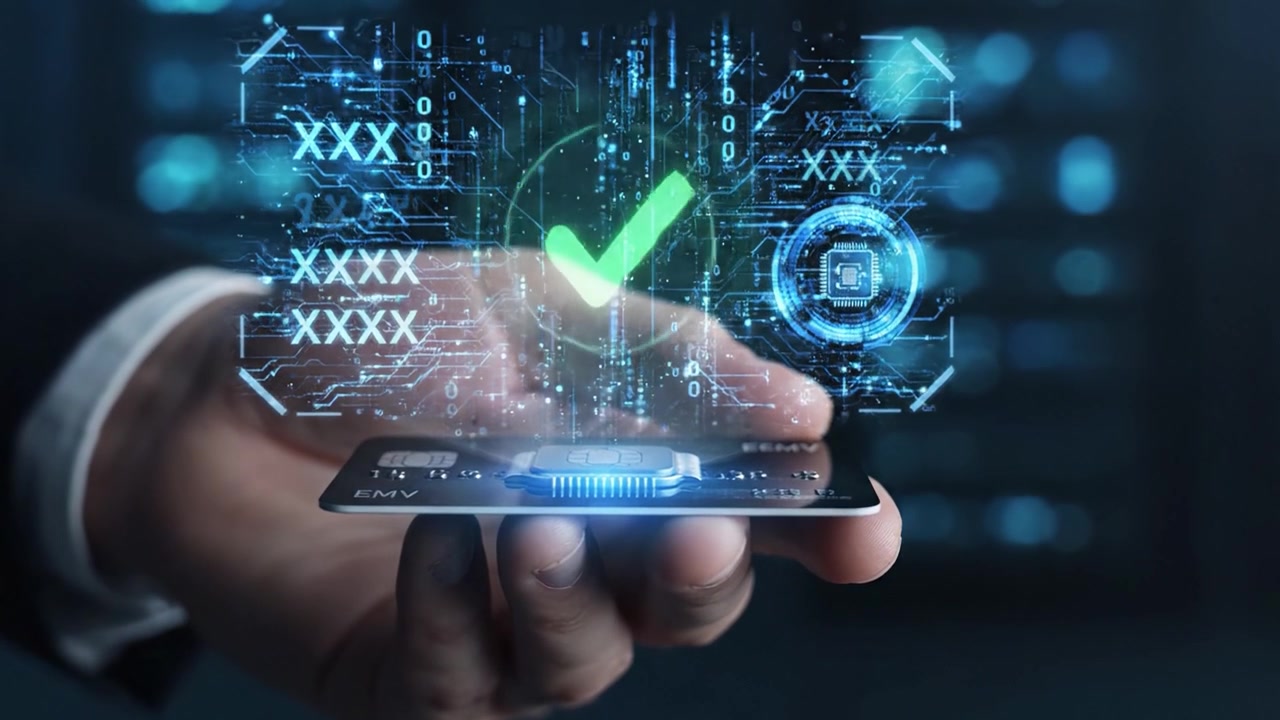 A hand holding a credit card, showcasing the digital authentication process with a glowing checkmark and futuristic data representation, symbolizing secure transactions and modern finance.
