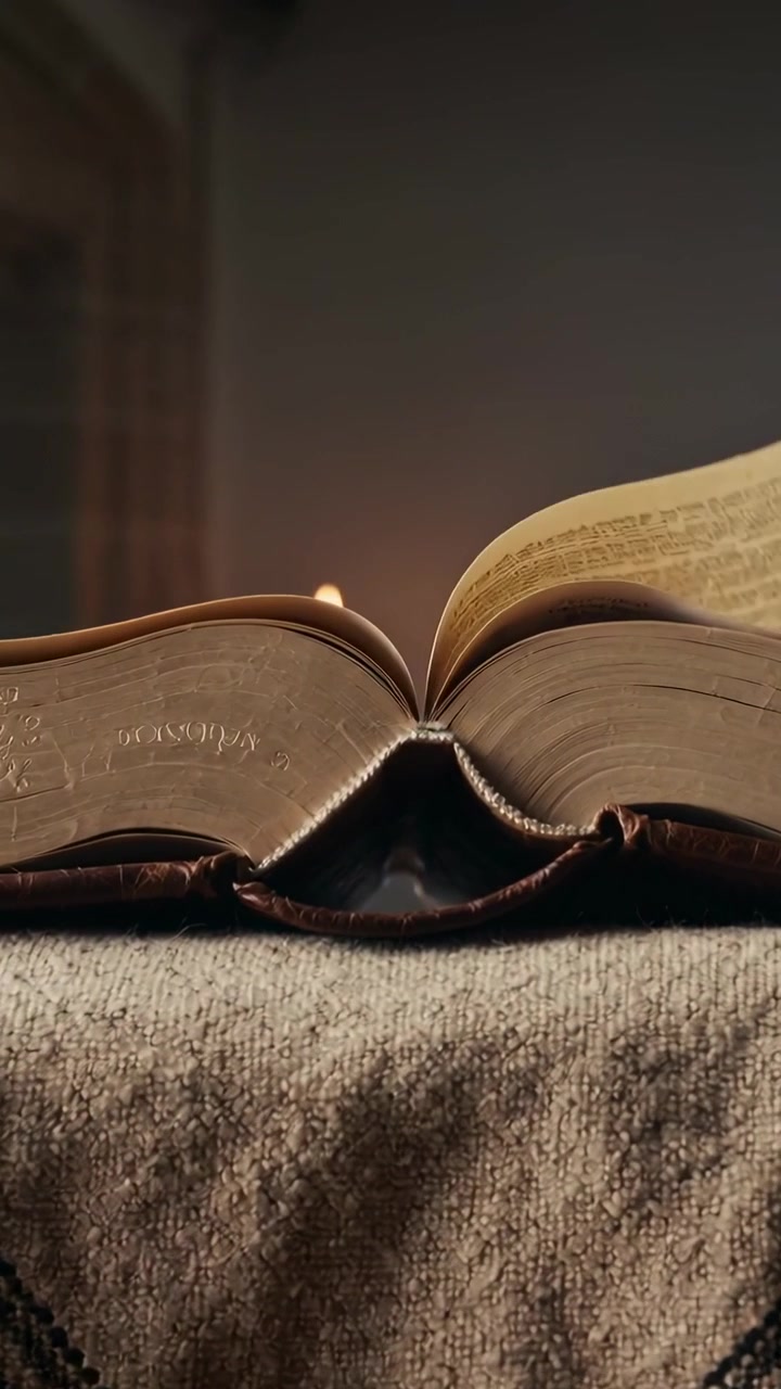 Vertical video: Turning aged page antique book curling, settling on cloth at table, by candle draft