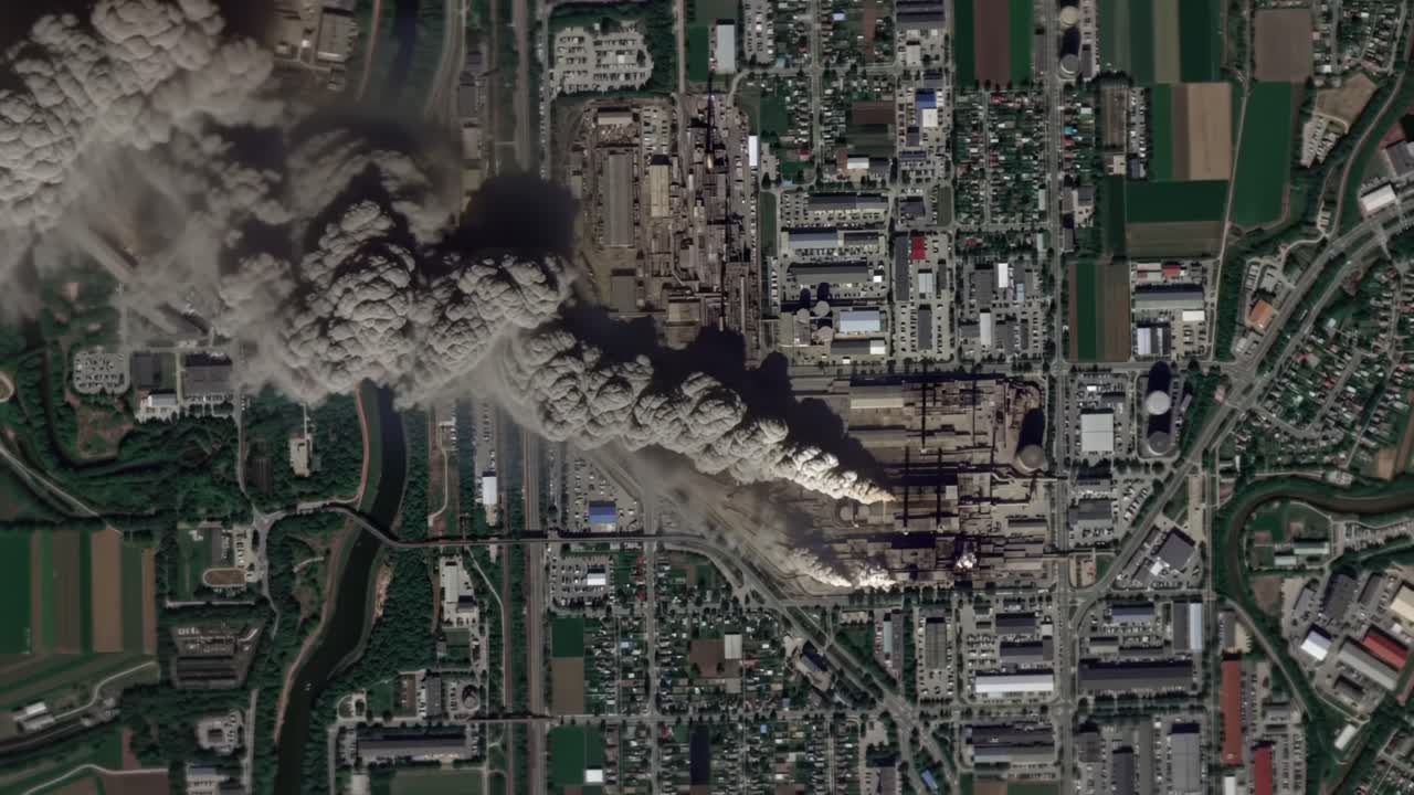 Aerial View of Industrial Smoke Emission Over Urban Landscape Captured in Two Distinct Frames Highlighting Environmental Concerns and Air Quality Issues