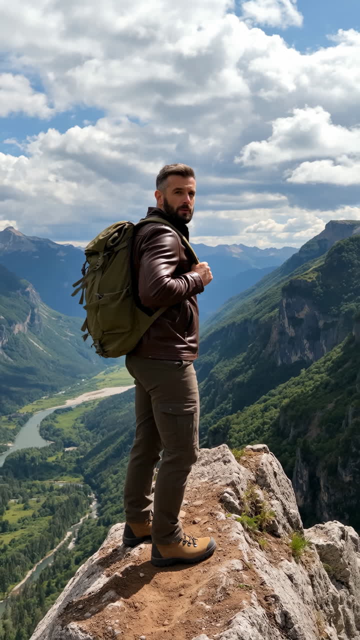Man with backpack on mountain top overlooking scenic landscape