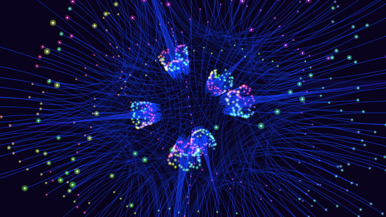 Futuristic abstract footage of blue fiber optic lines and colorful particles swirling in space, visualizing data flow, connectivity, AI, and communication technology