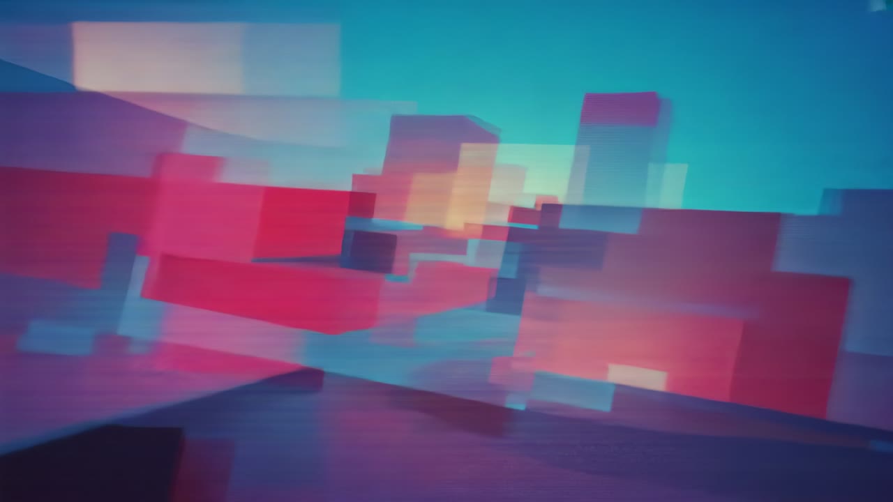 Sequence starting: translucent panels and squares sliding, rotating in 3D studio, emphasizing depth