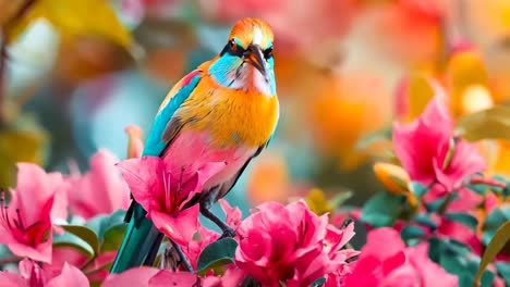 a colorful bird sitting on top of a pink flower