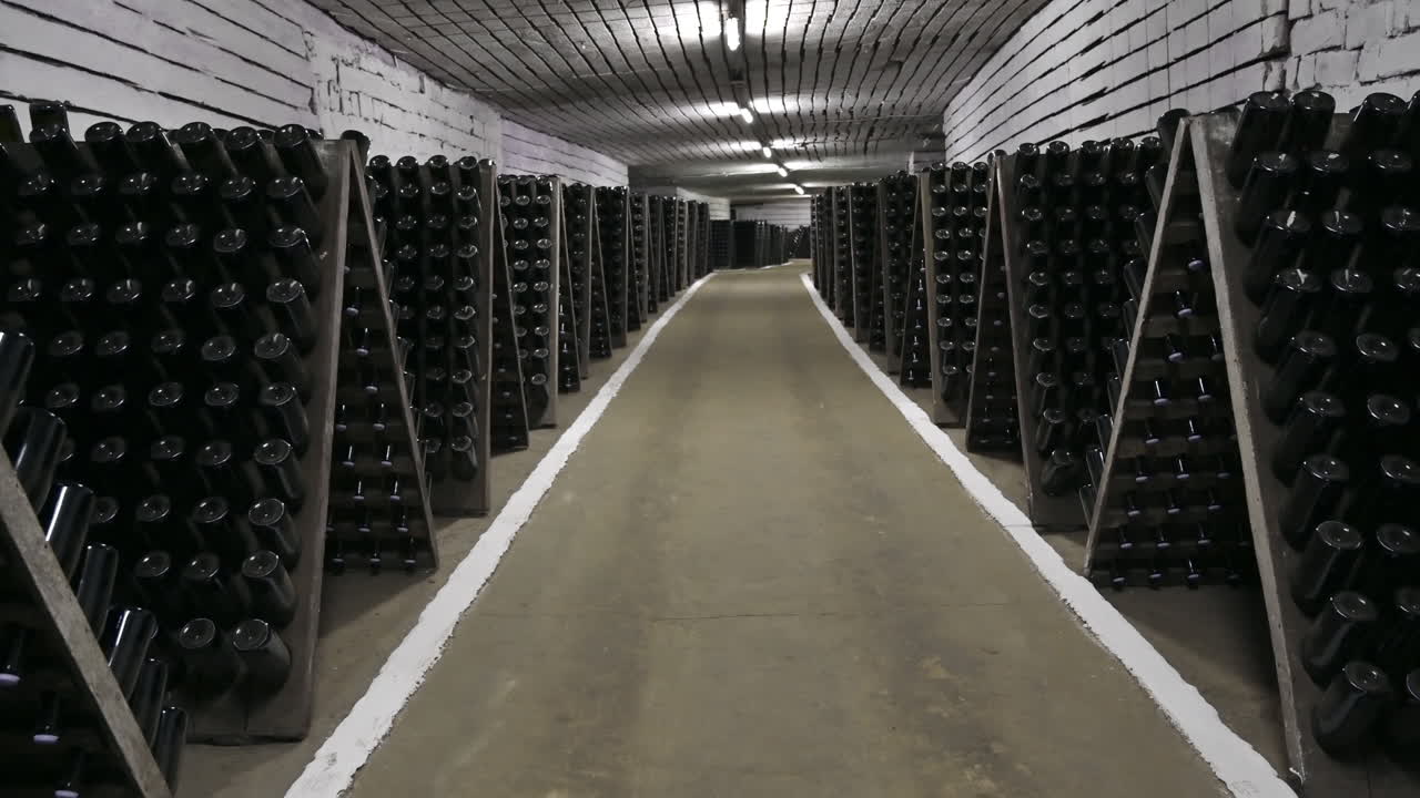 Wine bottles in a winery cellar underground