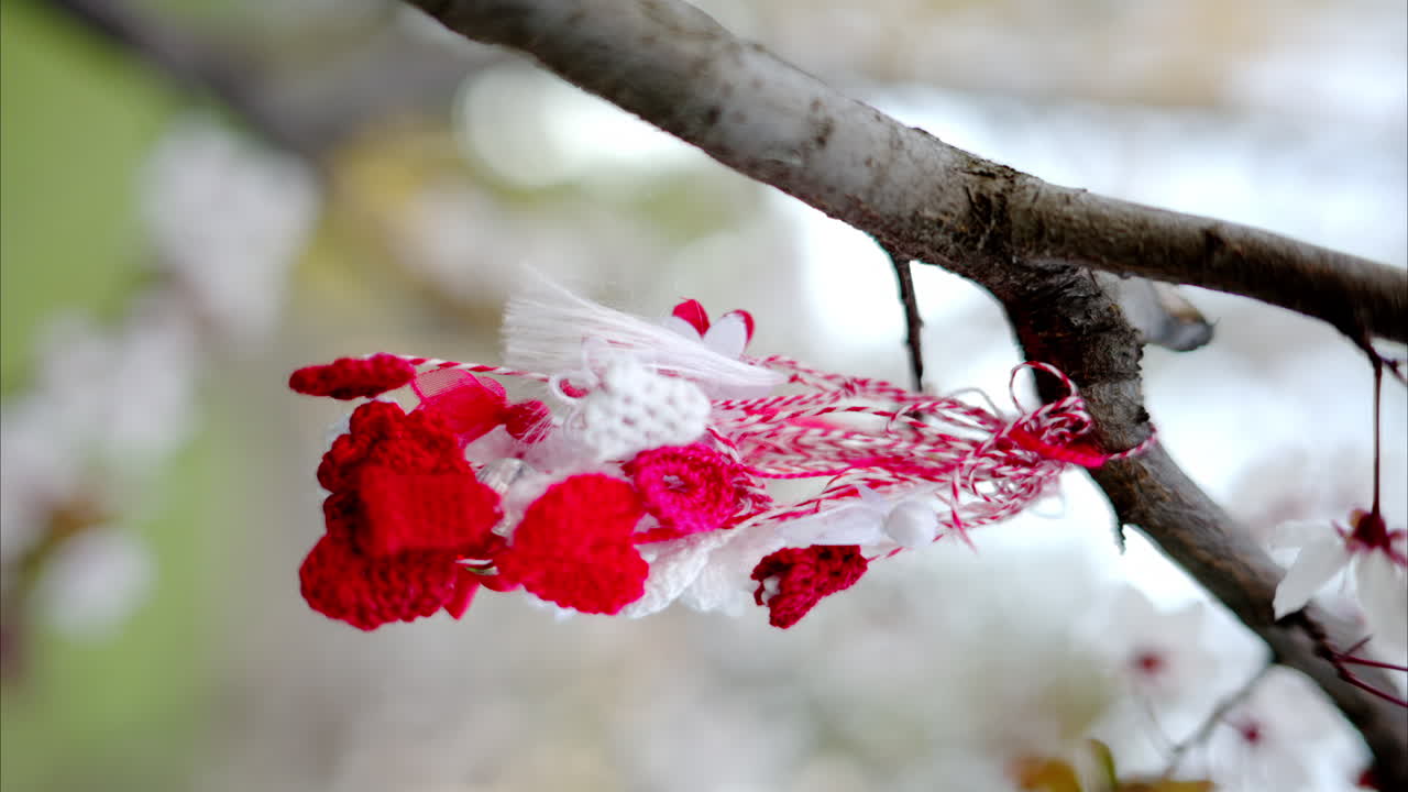 A martisor hanging on a tree branch with blooming flowers. Verical
