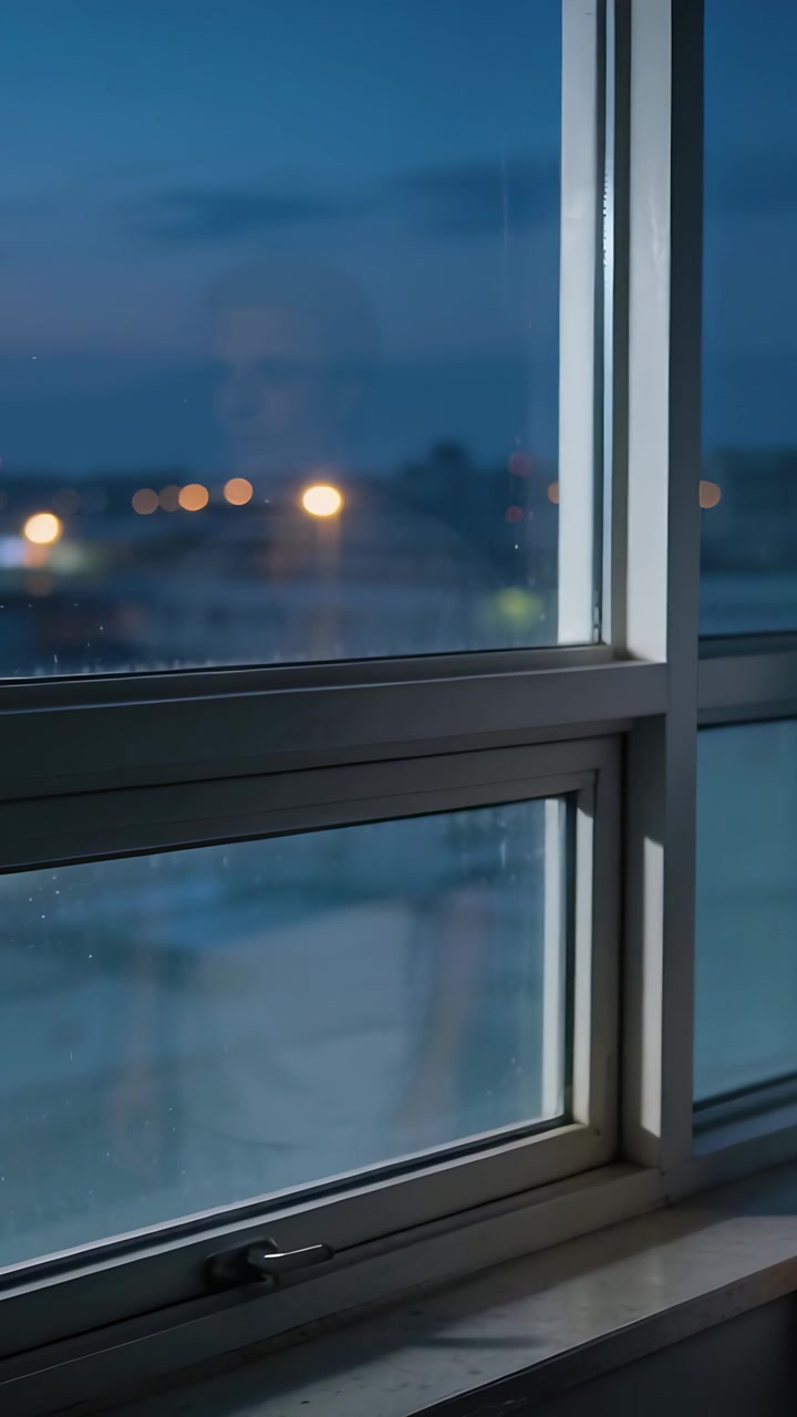 Vertical video: Stepping man in light tee ghosting at window at dusk, viewing city lights and latch