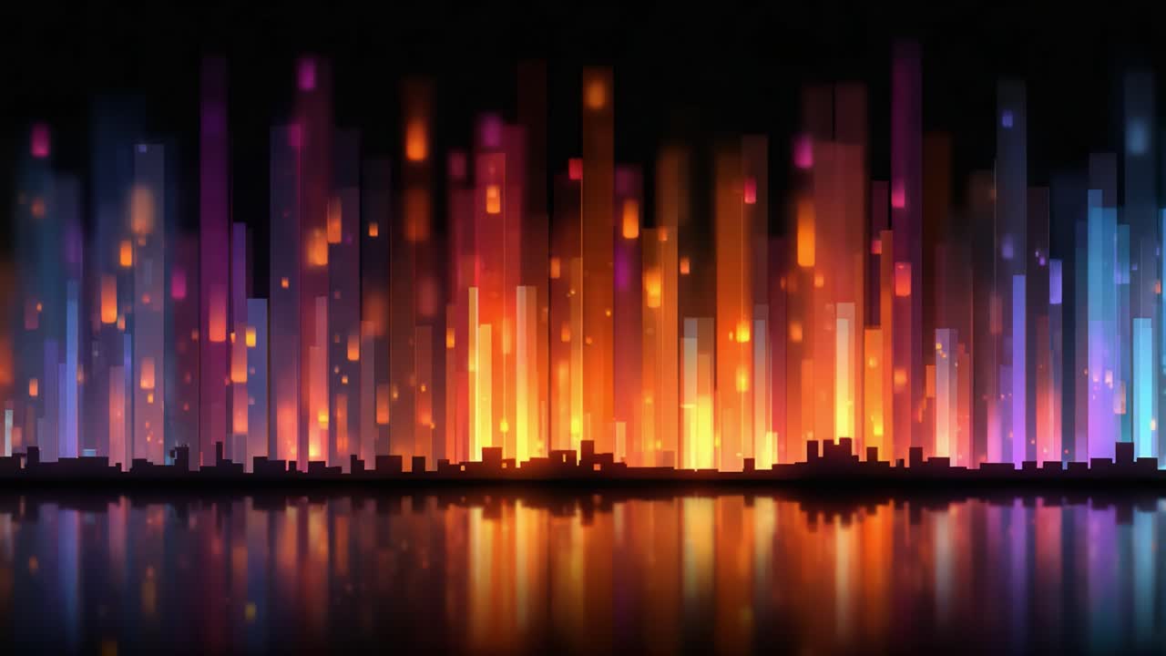 Spettro vivido di luci e colori che si riflettono sull'acqua con una silhouette dinamica del paesaggio urbano in due fasi di una visualizzazione luminosa