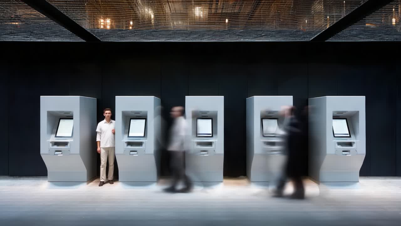 A Modern Banking Environment Featuring Multiple Automated Teller Machines, Highlighting the Interaction Between Users and Technology in a Sleek Interior Design