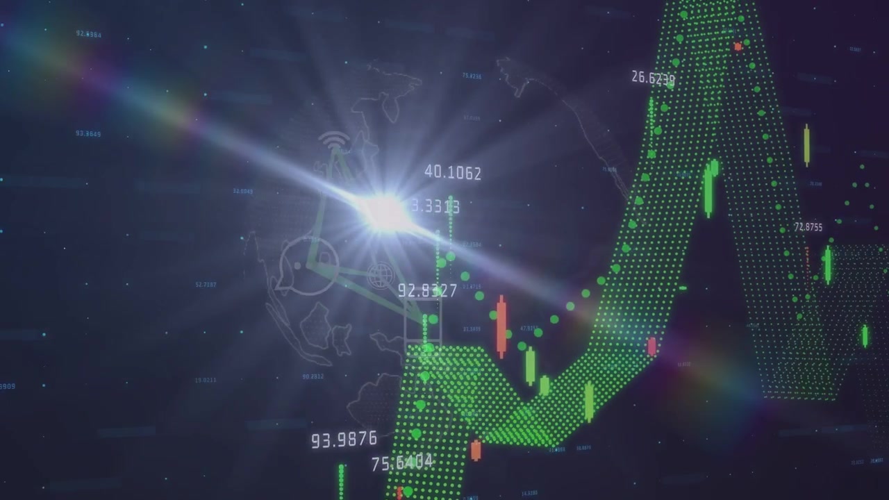 Gráfico financeiro animado subindo de um feed de dados ao vivo, formando picos e barras verdes para traders.