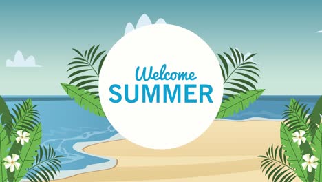 letras de bienvenida al verano con hojas escena de playa