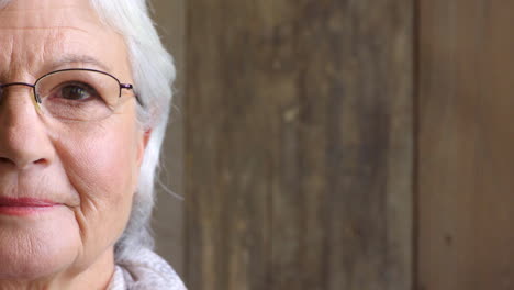 closeup of smiling senior woman with optometry