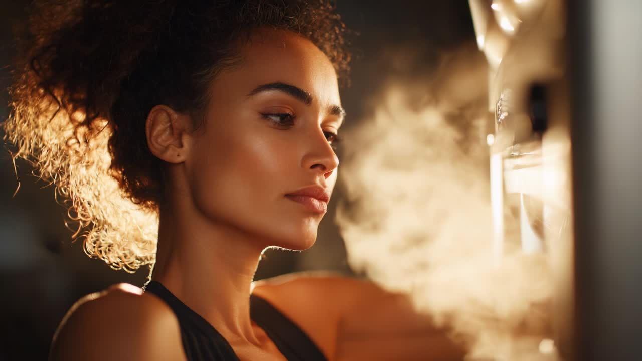 Intimate Portrait of a Woman Gazing Towards a Refrigerator, Capturing the Ethereal Moment Surrounded by a Misty Glow, Highlighting Her Natural Beauty and Reflective Expression in a Softly Lit Environment