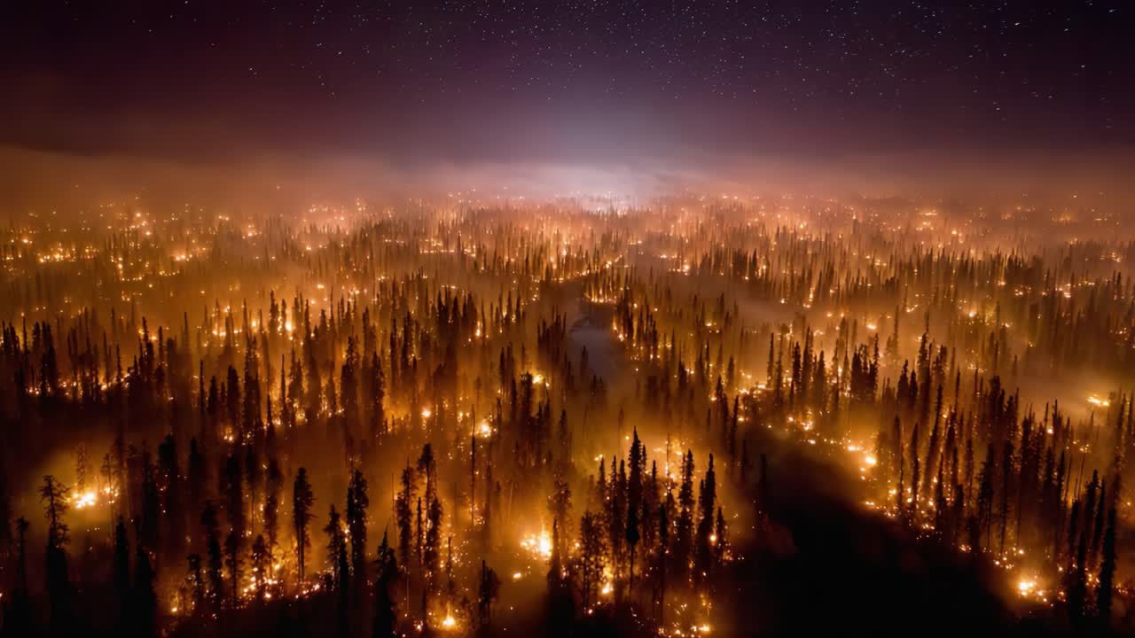 Aerial View of a Vast Forest Devastated by Wildfire, Illuminating the Night Sky with Glowing Embers and Smoke Amidst Darkened Landscapes