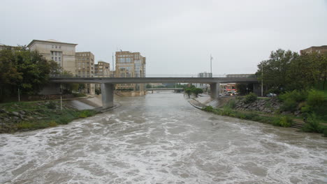 le lez river major flood montpellier antigone neighbourhood heavy rain. bridge