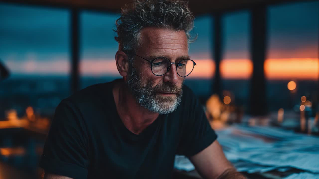 A contemplative man with glasses and a beard sits alone in a dimly lit room as the sun sets in the background, absorbed in thought and surrounded by scattered papers