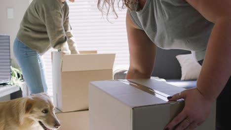 caucasian lesbian couple moving boxes next to their pet dog in new home