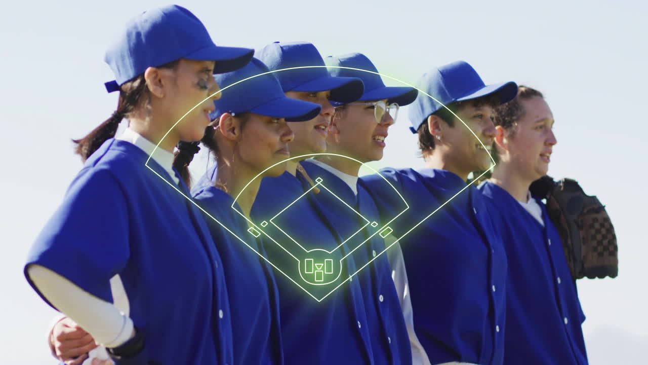 Animación de diagrama de campo de béisbol sobre un equipo de jugadores con uniformes azules