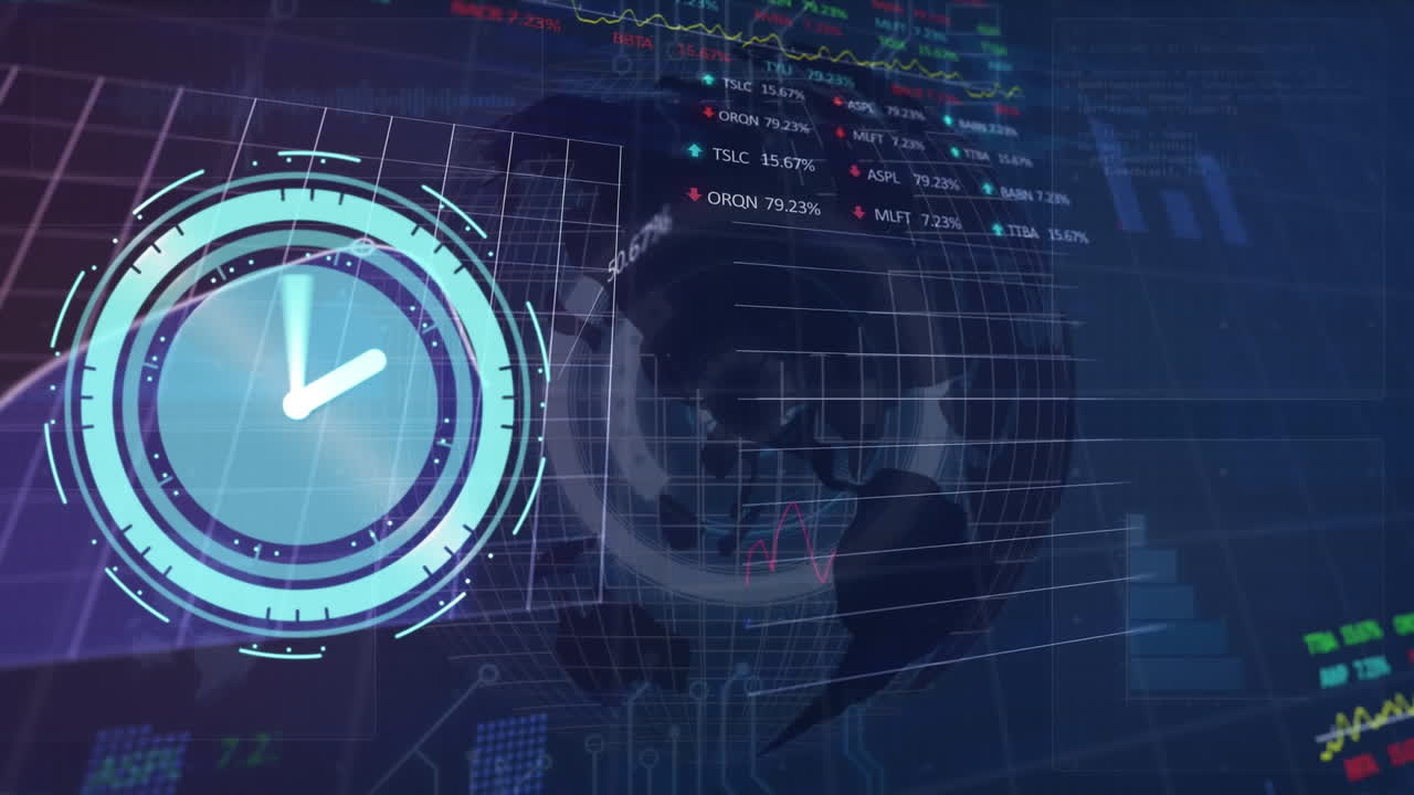 animazione dell'elaborazione dei dati e dell'orologio sul globo