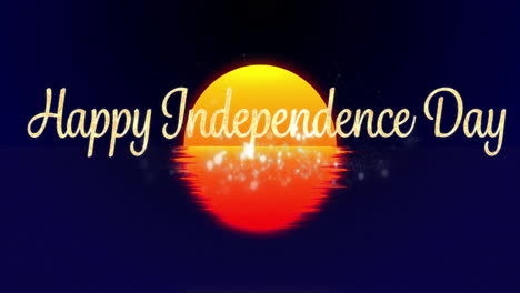 happy independence day text animation over glowing sunset with sparkling lights