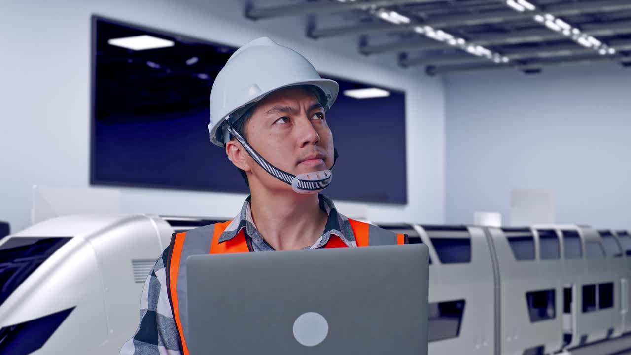 Close Up Of Asian Male Engineer With Safety Helmet Working On A Laptop And Looking Around While Standing, Futuristic High-Speed Train in a Modern Testing Facility