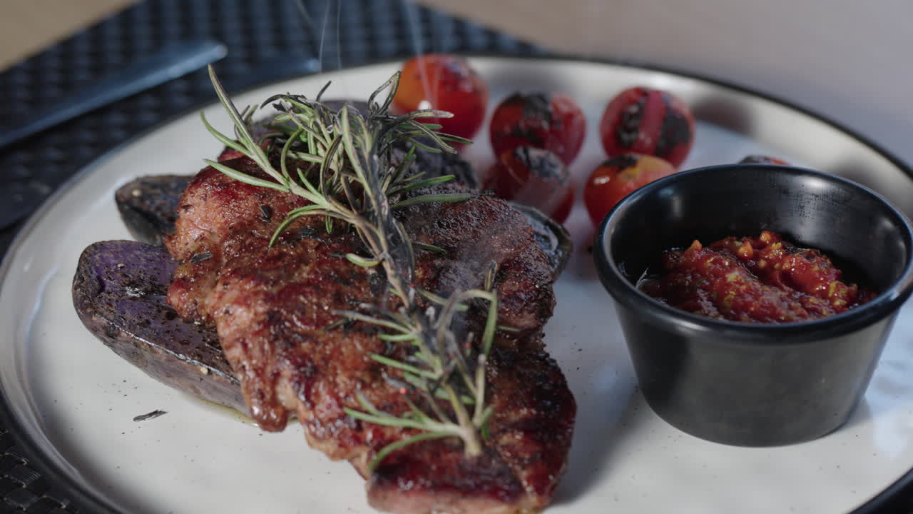 Grilled Steak with Purple Potato and Tomatoes