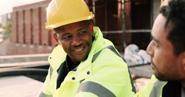 Two Construction Workers Talking and Smiling on a Building Site