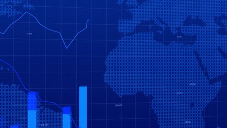animation of data processing with world map and shapes over blue background
