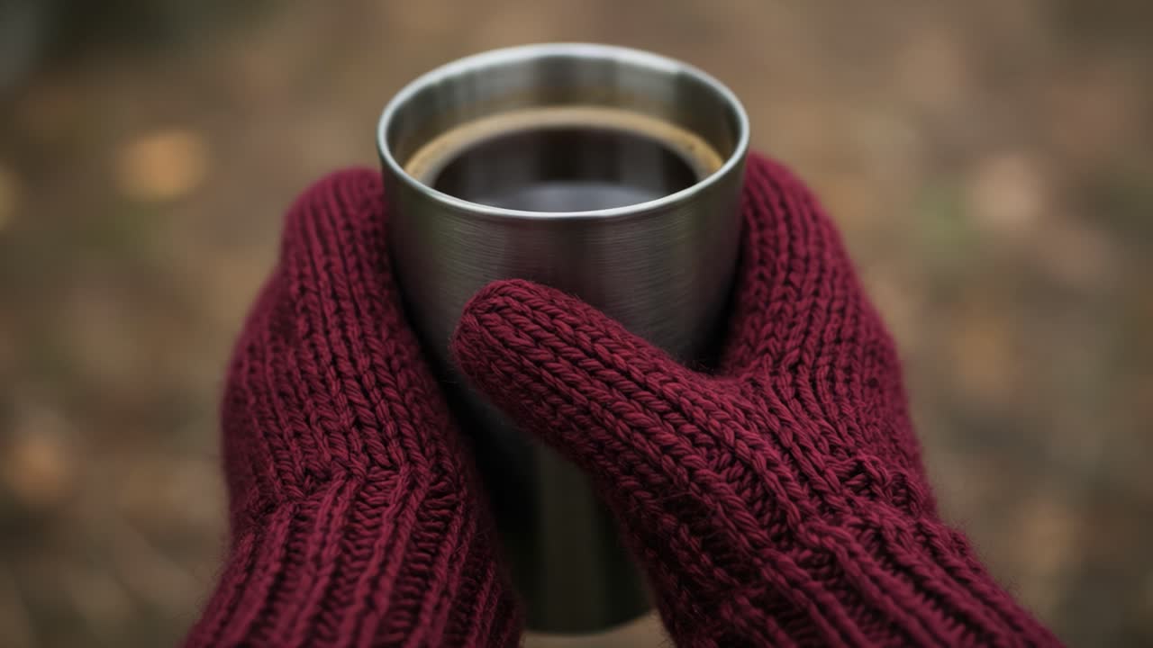 Hands in red mittens holding a thermal mug with a hot drink