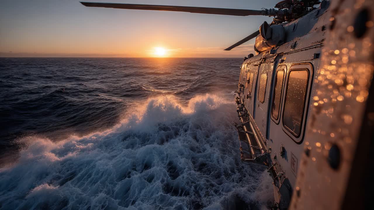 Un elicottero si libra sopra le onde dell'oceano mentre il sole tramonta all'orizzonte, catturando un sereno momento di bellezza aerea e avventura in acque dinamiche