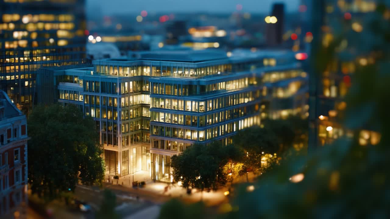 Uma vista noturna deslumbrante de um edifício de vidro moderno iluminado à noite, exibindo a beleza arquitetônica em meio à vibrante paisagem urbana sob o crepúsculo