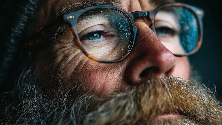 En næroplevelse af følelser og teksturer, der fanger intensiteten i øjne, der kigger opad gennem regnvådt glas, og fremhæver indviklede detaljer i et vejrbidt ansigt