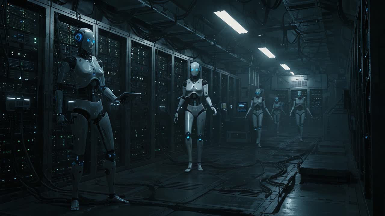 A futuristic scene depicting humanoid robots in a dimly lit corridor among rows of servers, illustrating the advanced technological landscape of artificial intelligence and automation