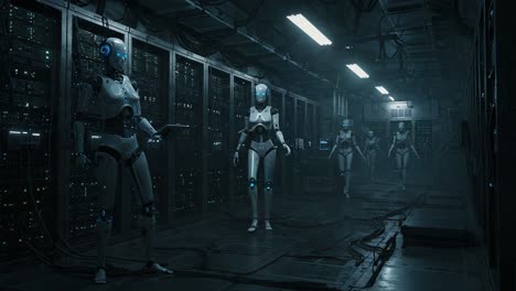 a futuristic scene depicting humanoid robots in a dimly lit corridor among rows of servers, illustrating the advanced technological landscape of artificial intelligence and automation