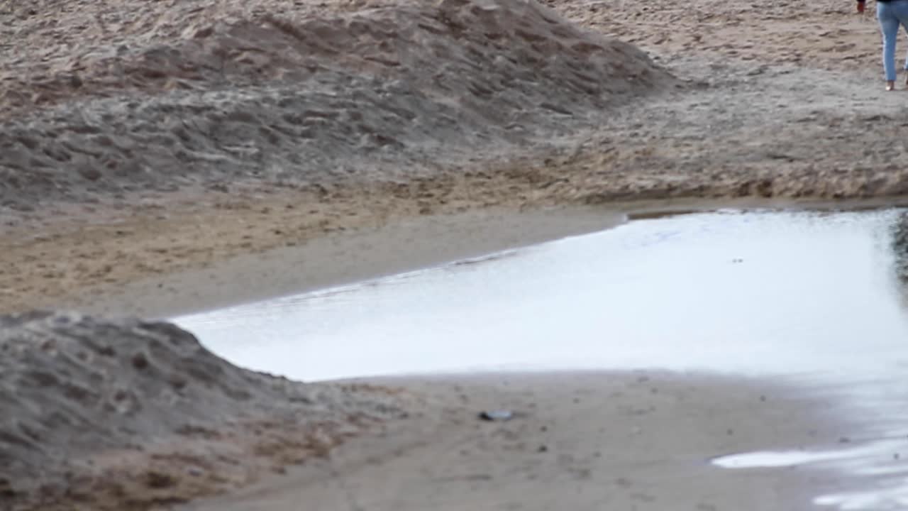 한 젊은 여성이 여름에 숲 속의 야생 호수 기슭에서 걷고 젖고 있다