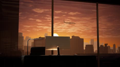 vista de la ciudad al amanecer desde un escritorio de oficina moderno