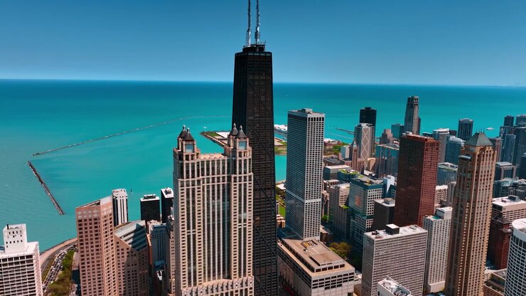 Voando mais perto da torre do John Hancock Center no centro de Chicago, Illinois, EUA. Paisagem aquática deslumbrante do Lago Michigan ao fundo
