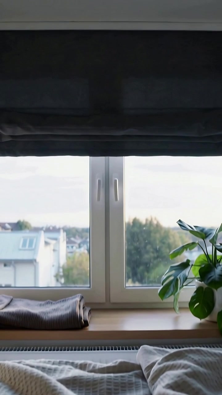 Vertical video: Lifting roman blind revealing two-pane window and rooftops at bed edge, plant towel