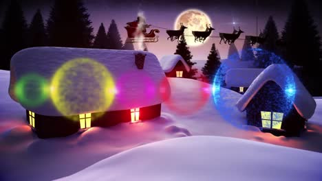 animation of christmas baubles over christmas scenery