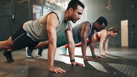 gym, group fitness and push up exercise for power