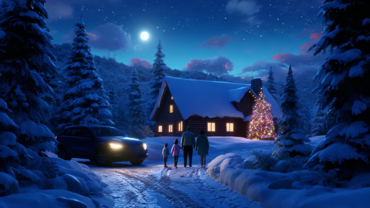 Enchanting Winter Night: A Family Walks Towards a Cozy Cabin Decorated with a Radiant Christmas Tree, Surrounded by Snowy Pine Trees Under a Starry Sky and a Bright Moon, Capturing the Essence of Holiday Joy