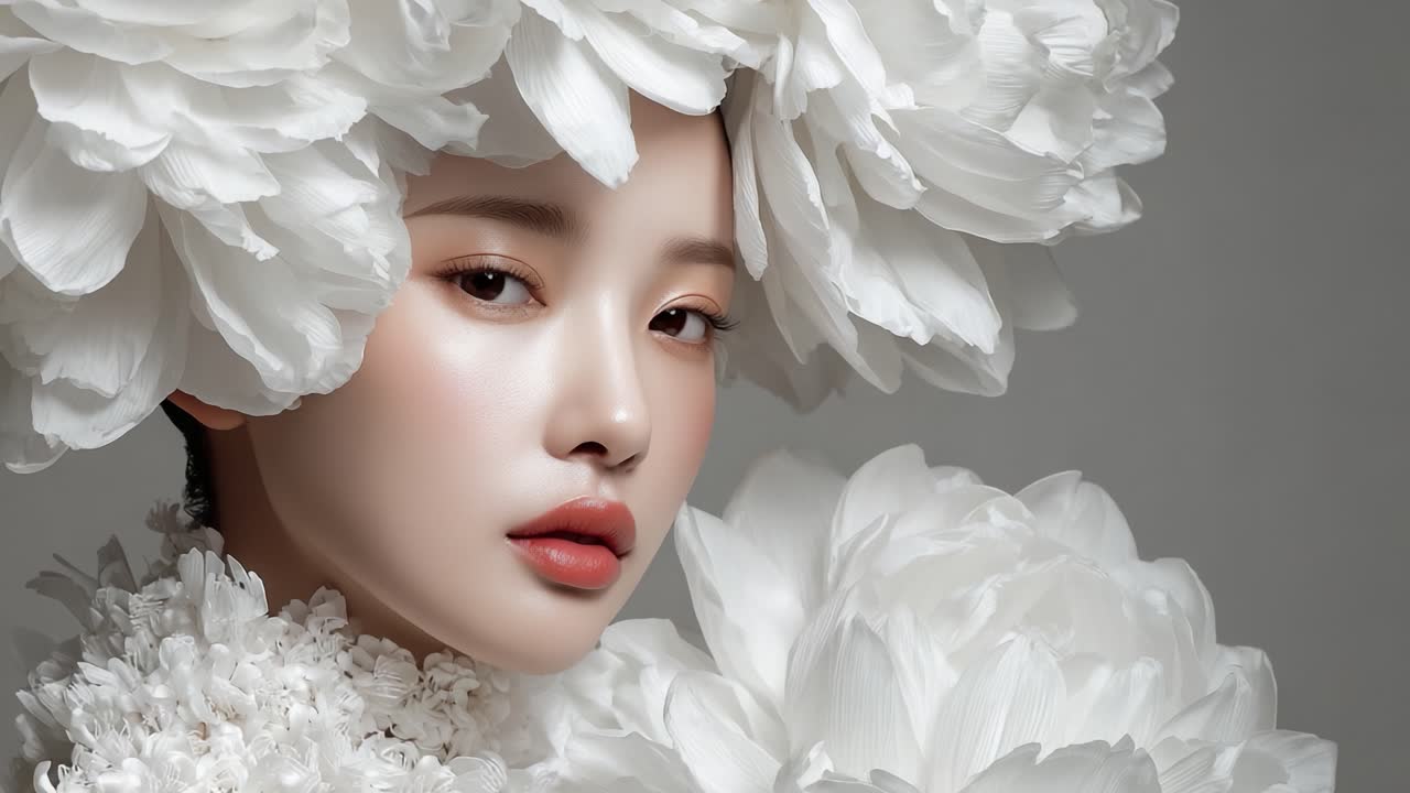 A Ethereal Portrait of a Young Woman Adorned with White Flowers, Capturing the Essence of Beauty, Elegance, and Delicate Floral Aesthetics in an Enchanting Setting