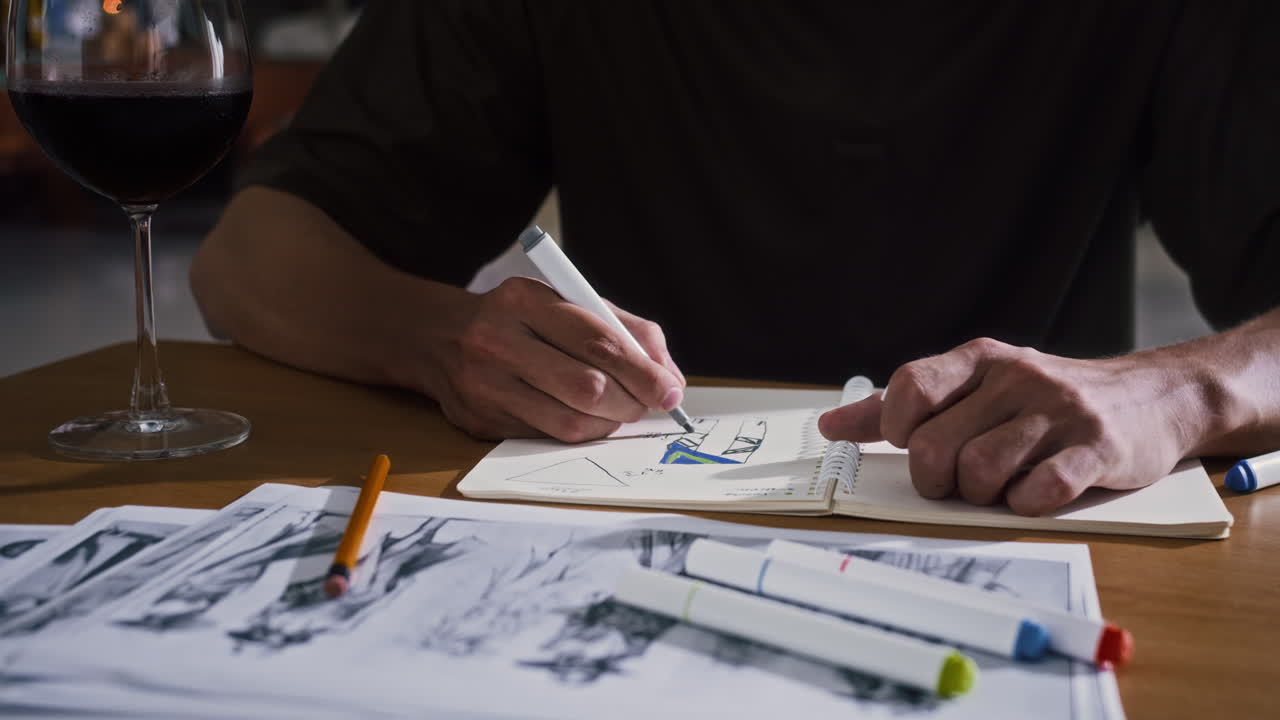 Hands of Anonymous Designer Drawing in Copybook