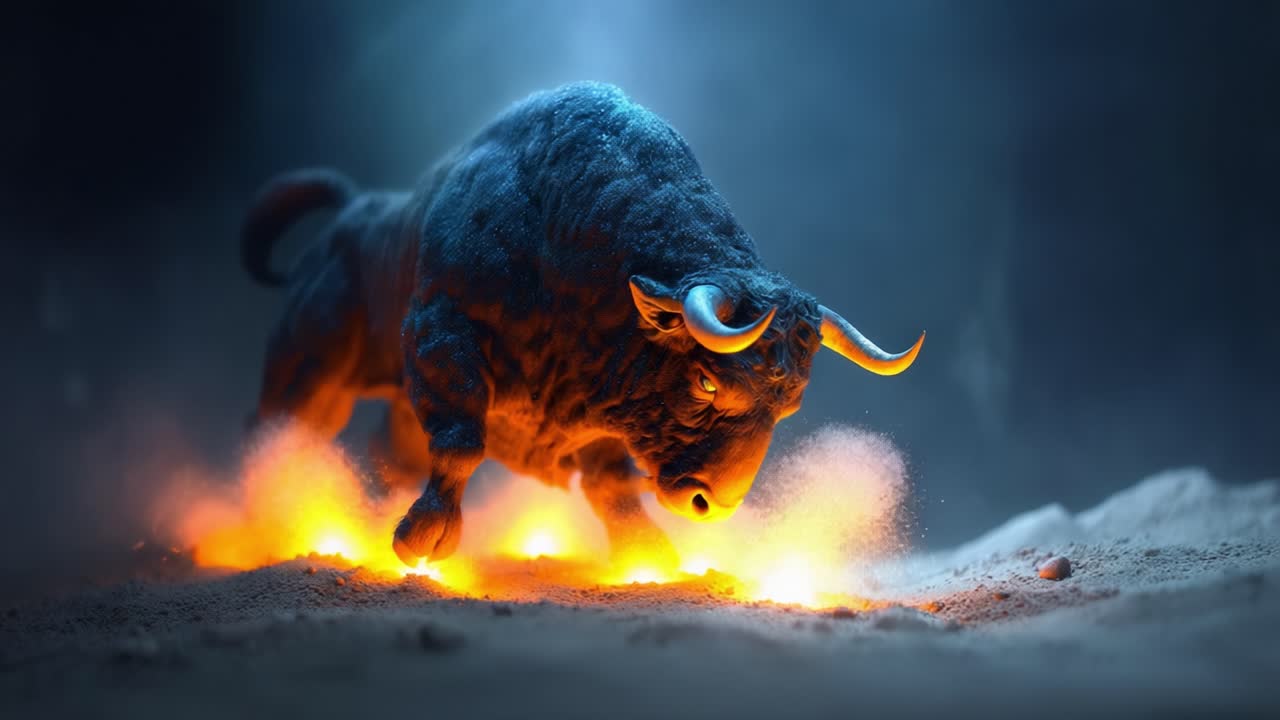 A Majestic Bull Strides Through a Mystical Landscape, Clouds of Dust and Light Surrounding Its Powerful Form as It Commands Attention in the Ethereal Atmosphere