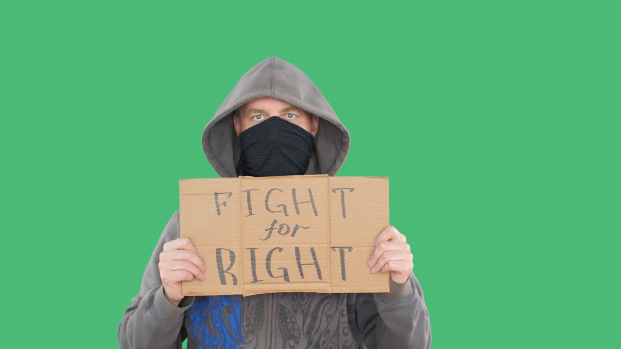 Protester in hoodie holding fight for right sign for strike and fight