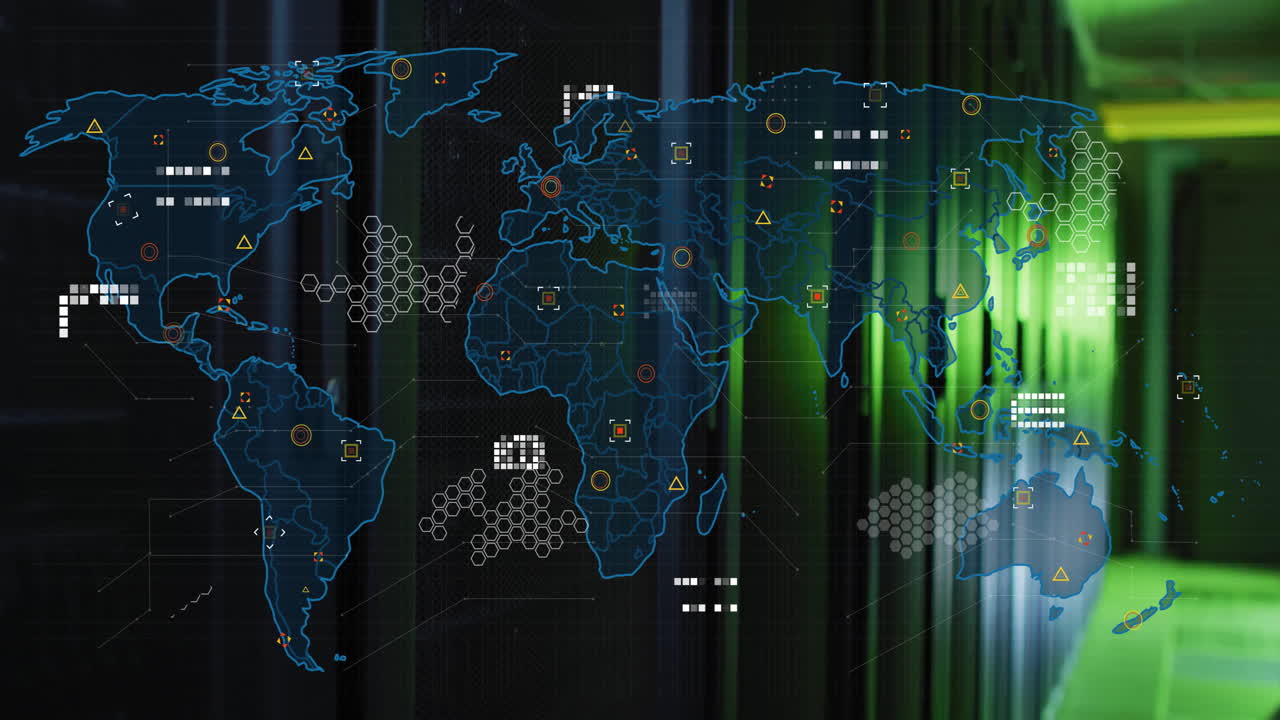 Animation of world map and digital data processing over computer servers