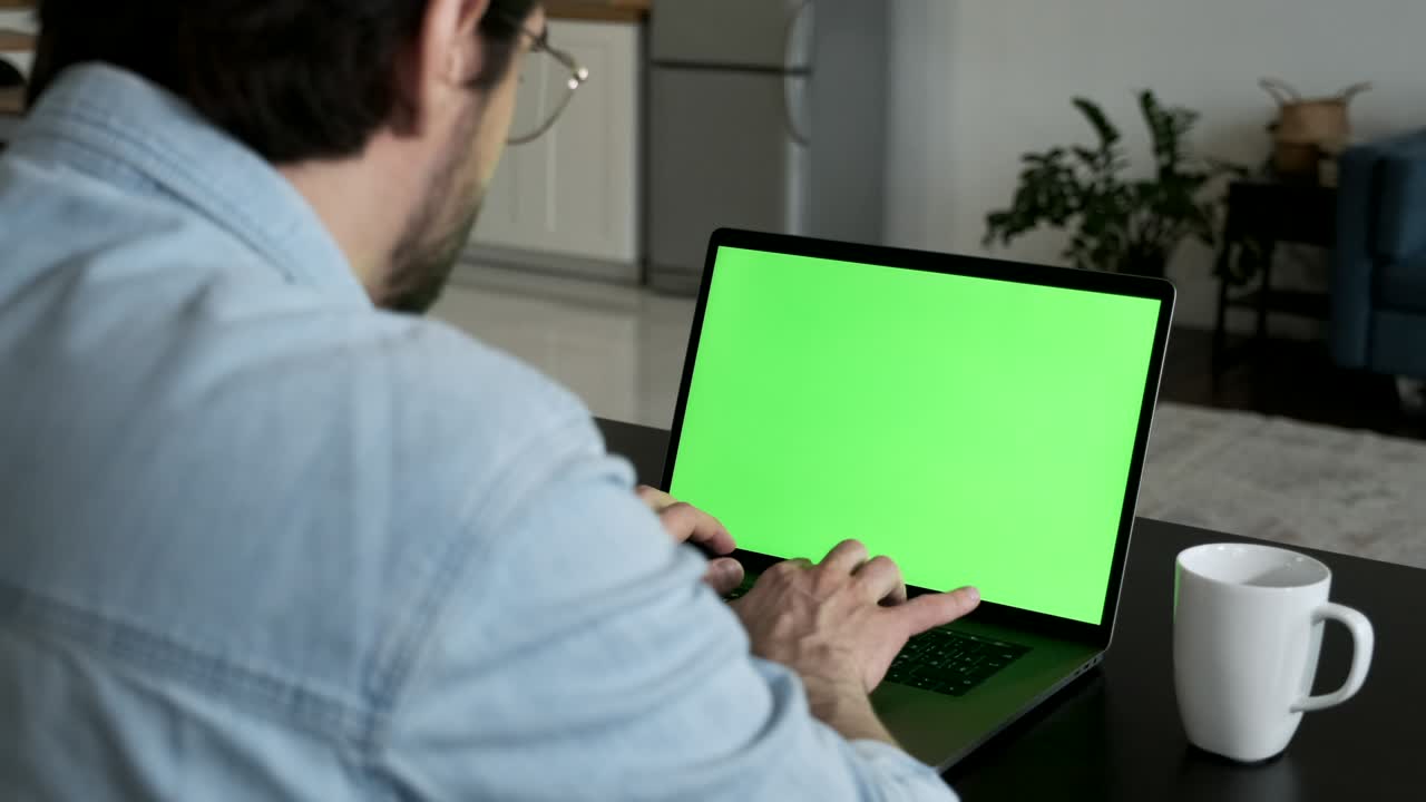 más de la toma de la cámara del hombro del hombre en casa sentado en un sofá trabajando en la pantalla de maquillaje verde ordenador portátil en línea