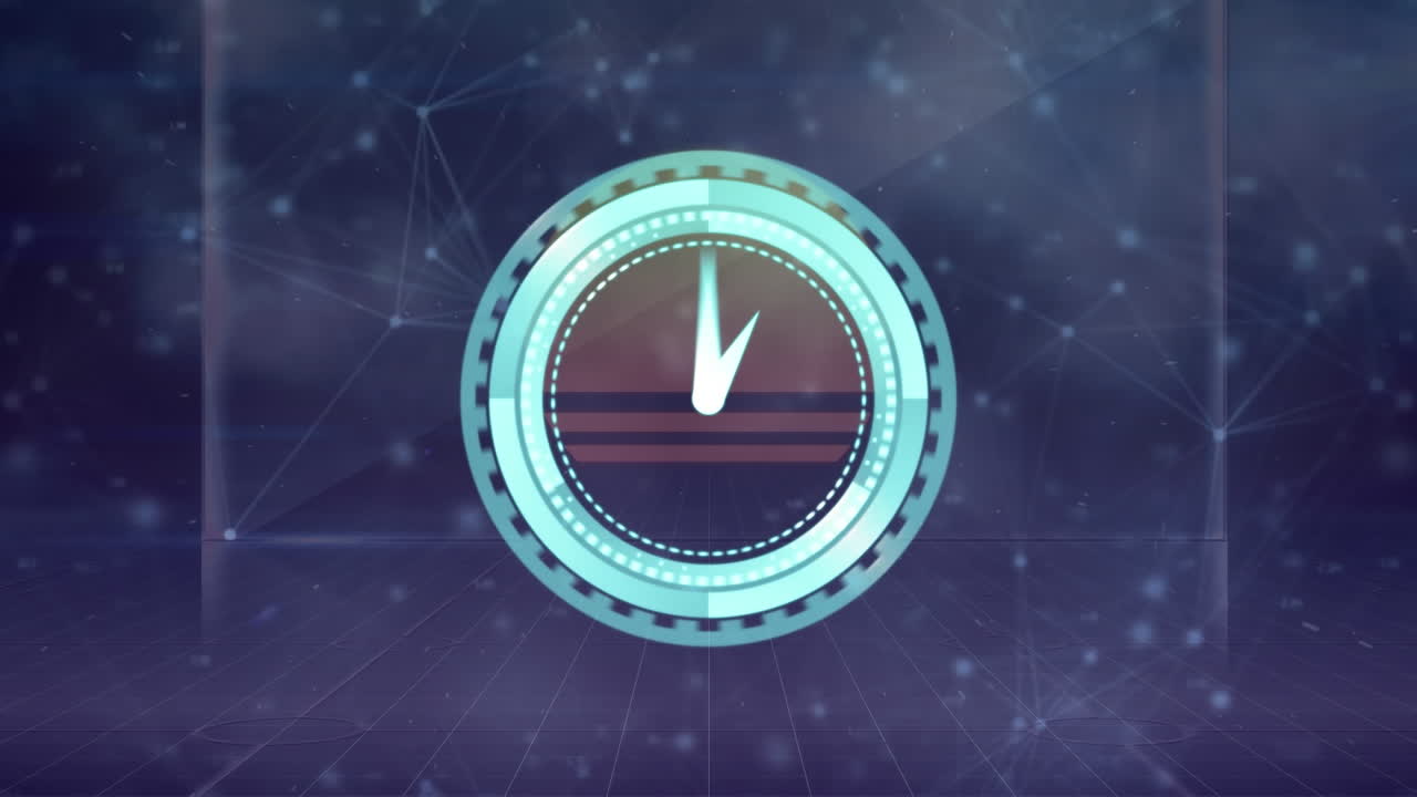 Animation of clock with sunset centre, over network of connections and data processing